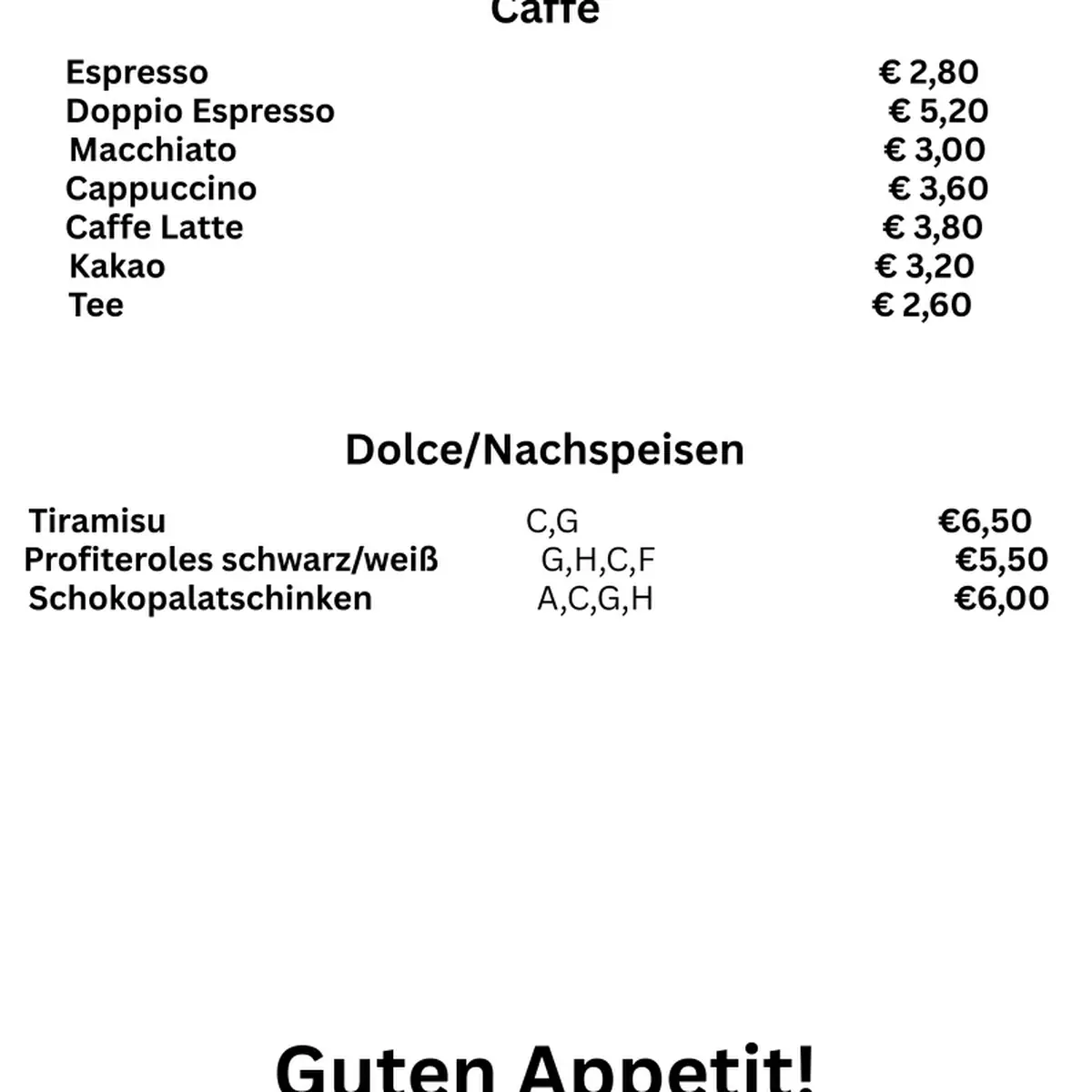 Speisekarte, Pizzeria PEPERONCINO