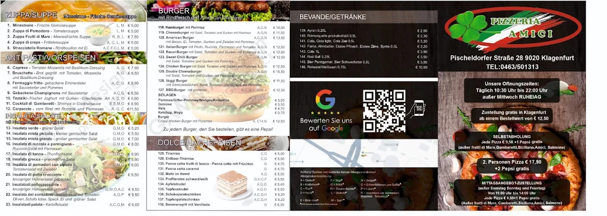 Speisekarte, Pizzeria Amici