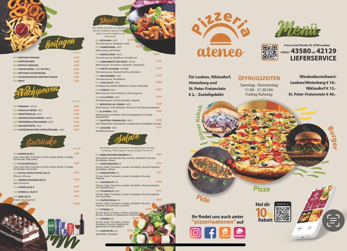 Speisekarte, Pizzeria Ateneo