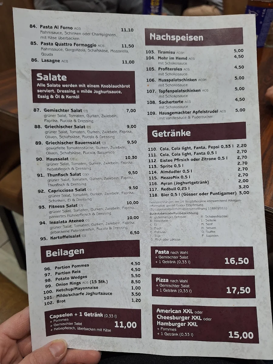 Speisekarte, Pizzeria Ateneo