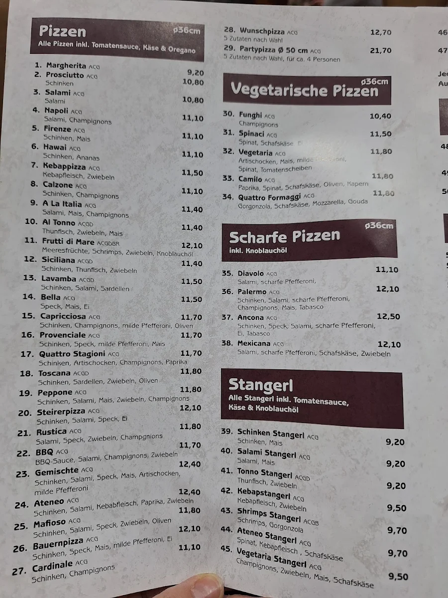 Speisekarte, Pizzeria Ateneo