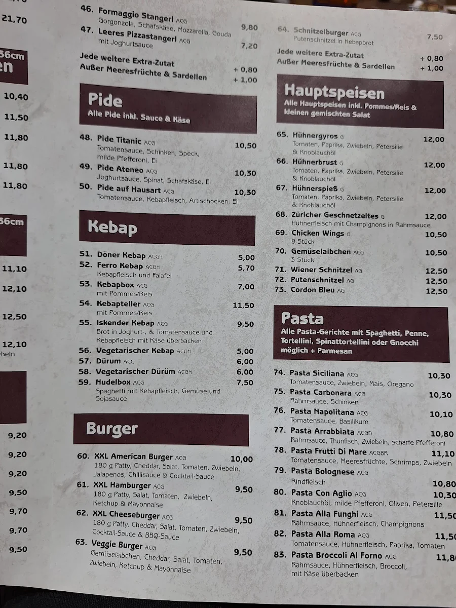 Speisekarte, Pizzeria Ateneo