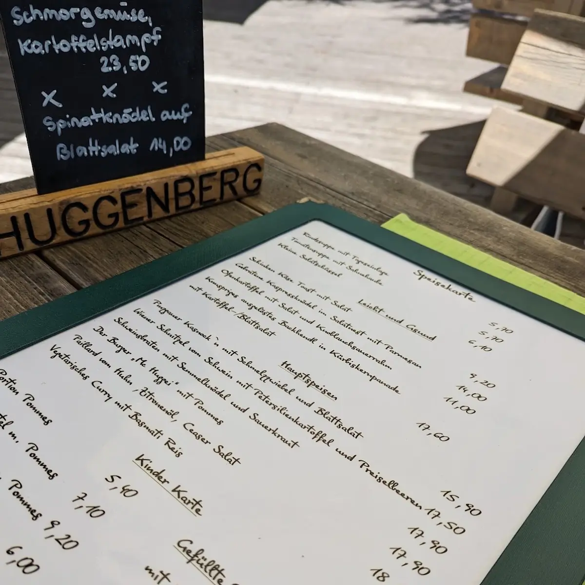 Speisekarte, Berggasthof Huggenberg