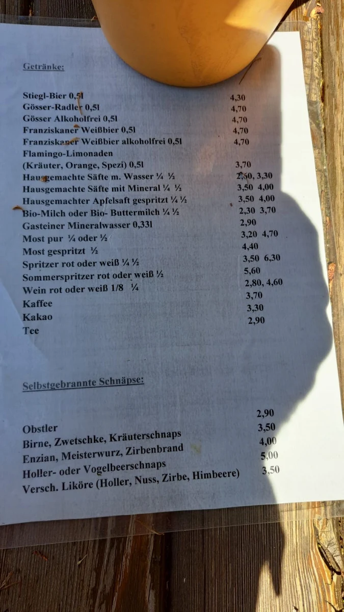 Speisekarte, Schareck-Alm