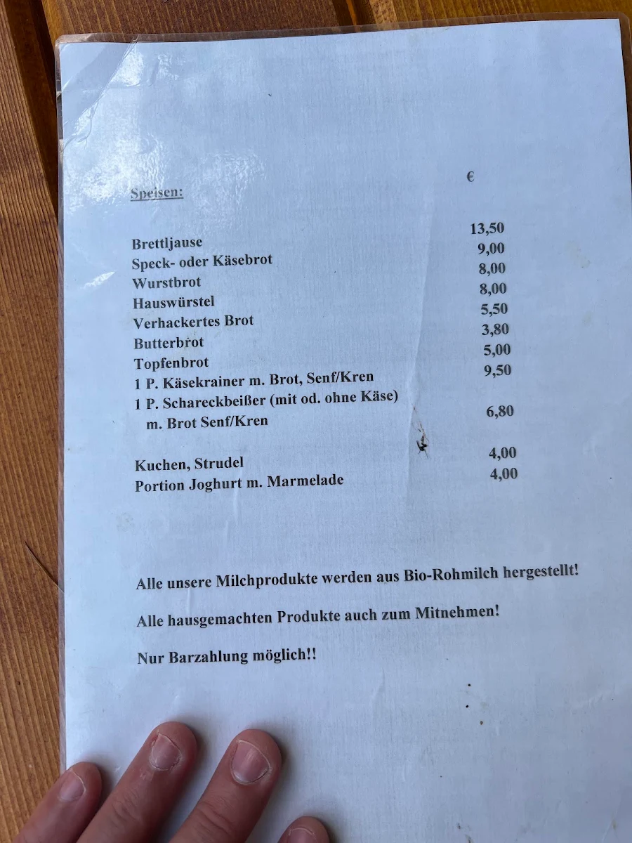 Speisekarte, Schareck-Alm