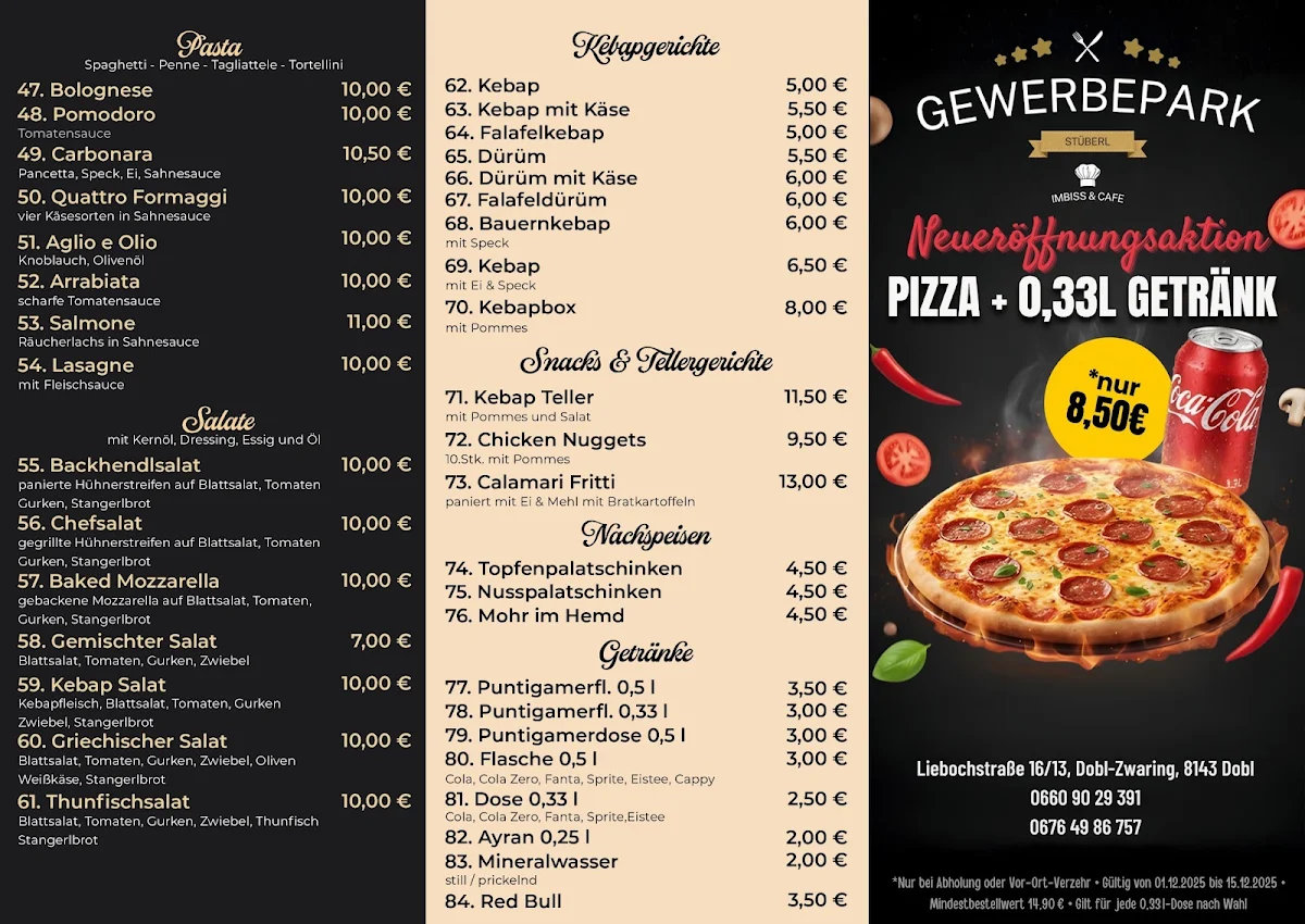 Speisekarte, Gewerbepark Stüberl Pizza&Kebap