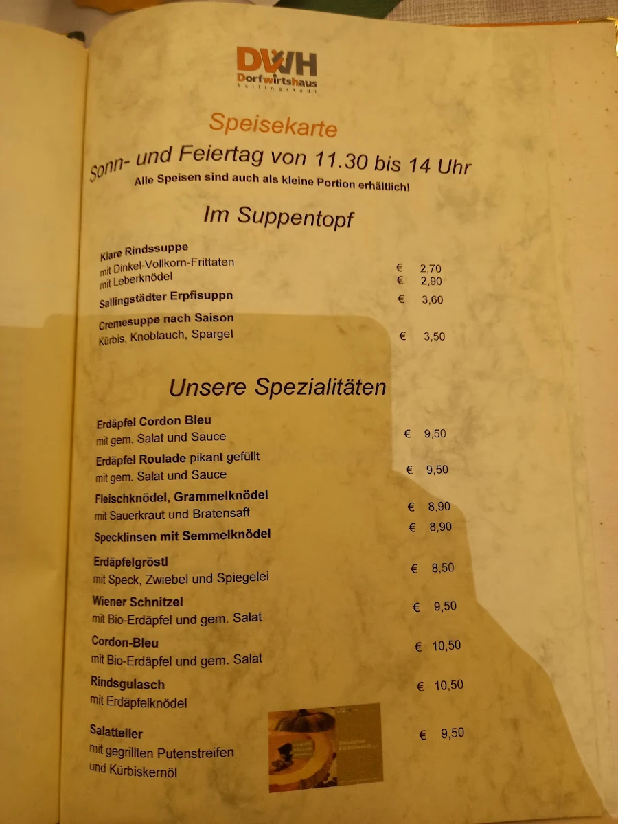 Speisekarte, Dorfwirtshaus Sallingstadt