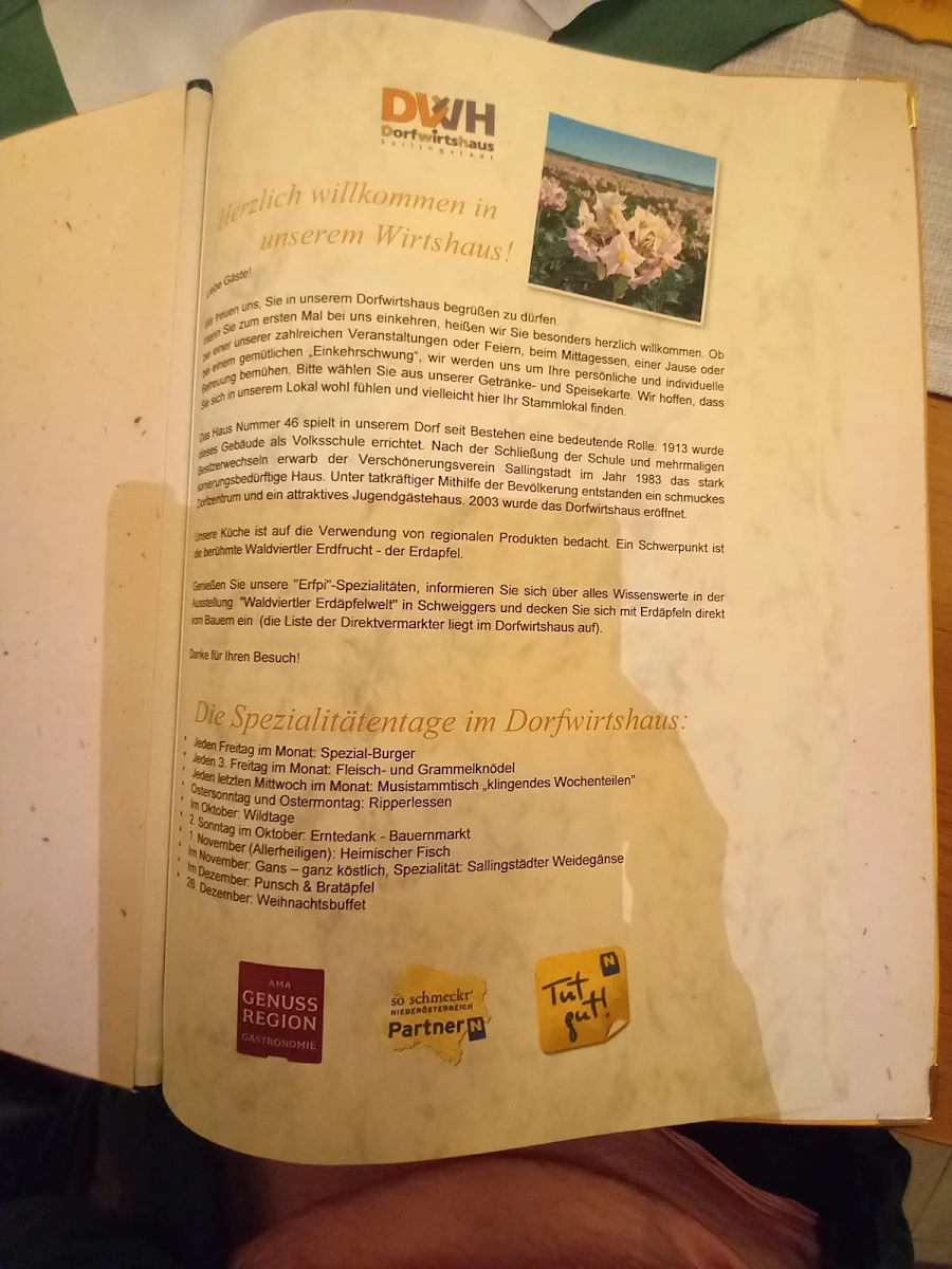 Speisekarte, Dorfwirtshaus Sallingstadt