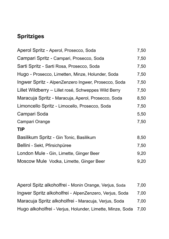 Speisekarte, Cafe Eule