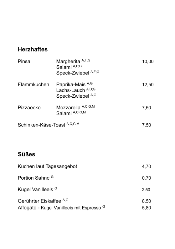 Speisekarte, Cafe Eule