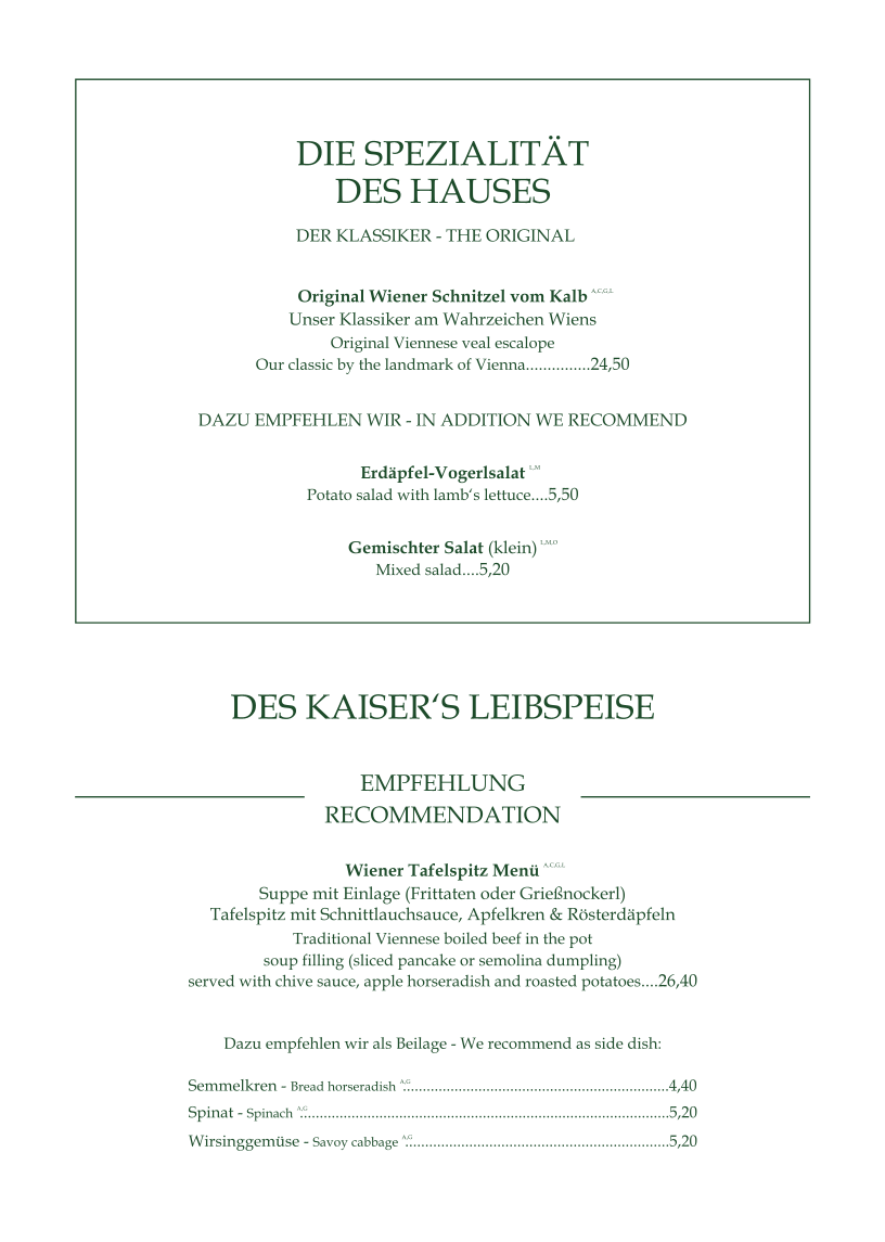 Speisekarte, Gasthaus ZUM KAISER
