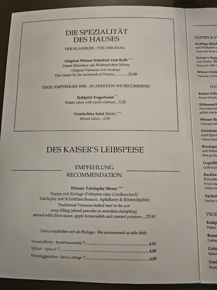 Speisekarte, Gasthaus ZUM KAISER