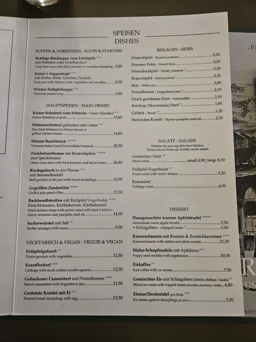 Speisekarte, Gasthaus ZUM KAISER