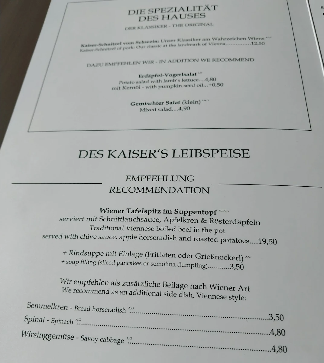 Speisekarte, Gasthaus ZUM KAISER