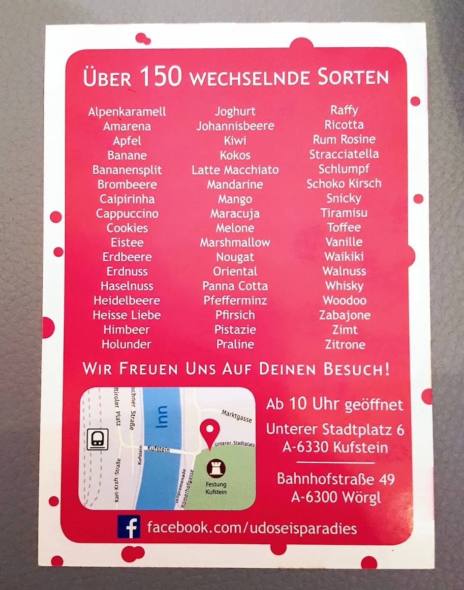 Speisekarte, Udos Eisparadies Kufstein