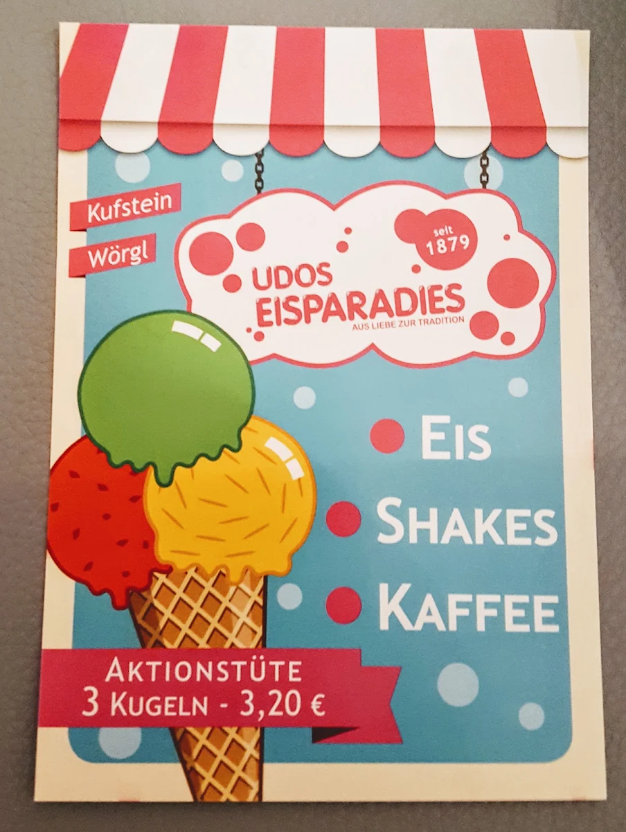 Speisekarte, Udos Eisparadies Kufstein