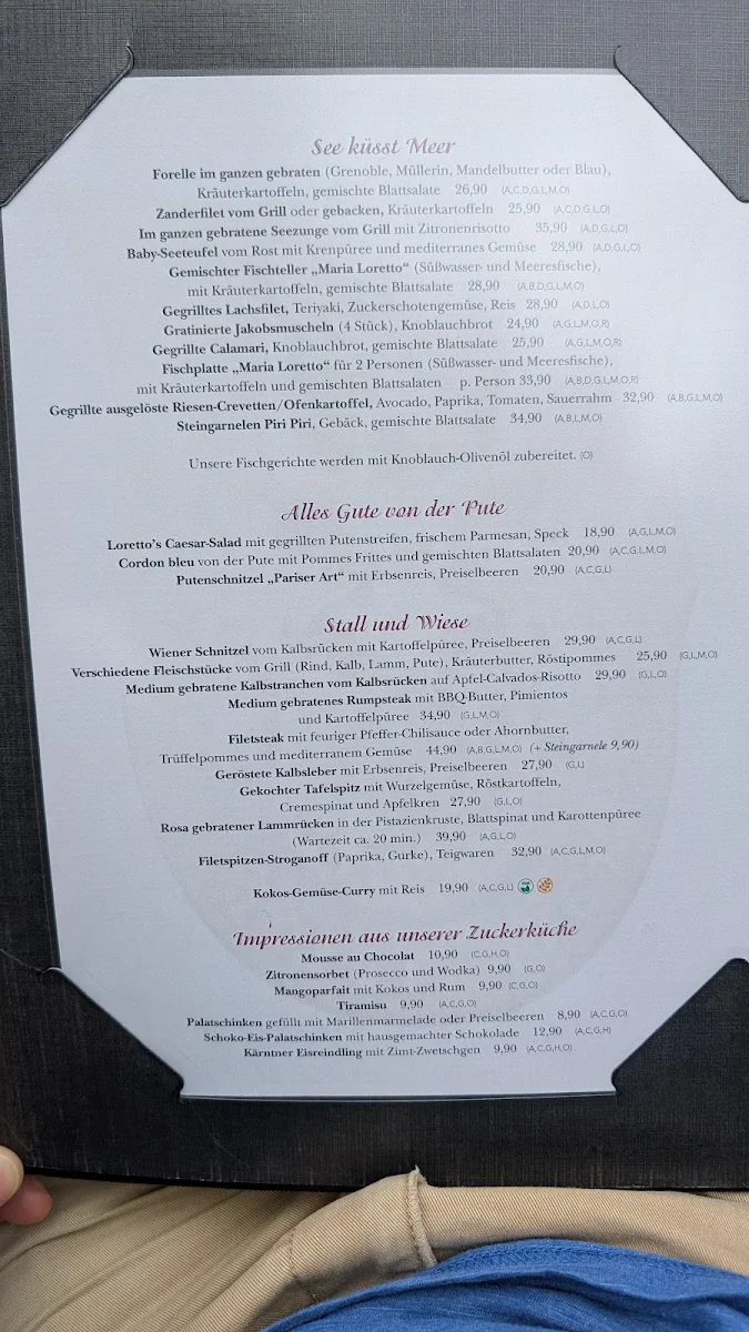 Speisekarte, Restaurant Maria Loretto