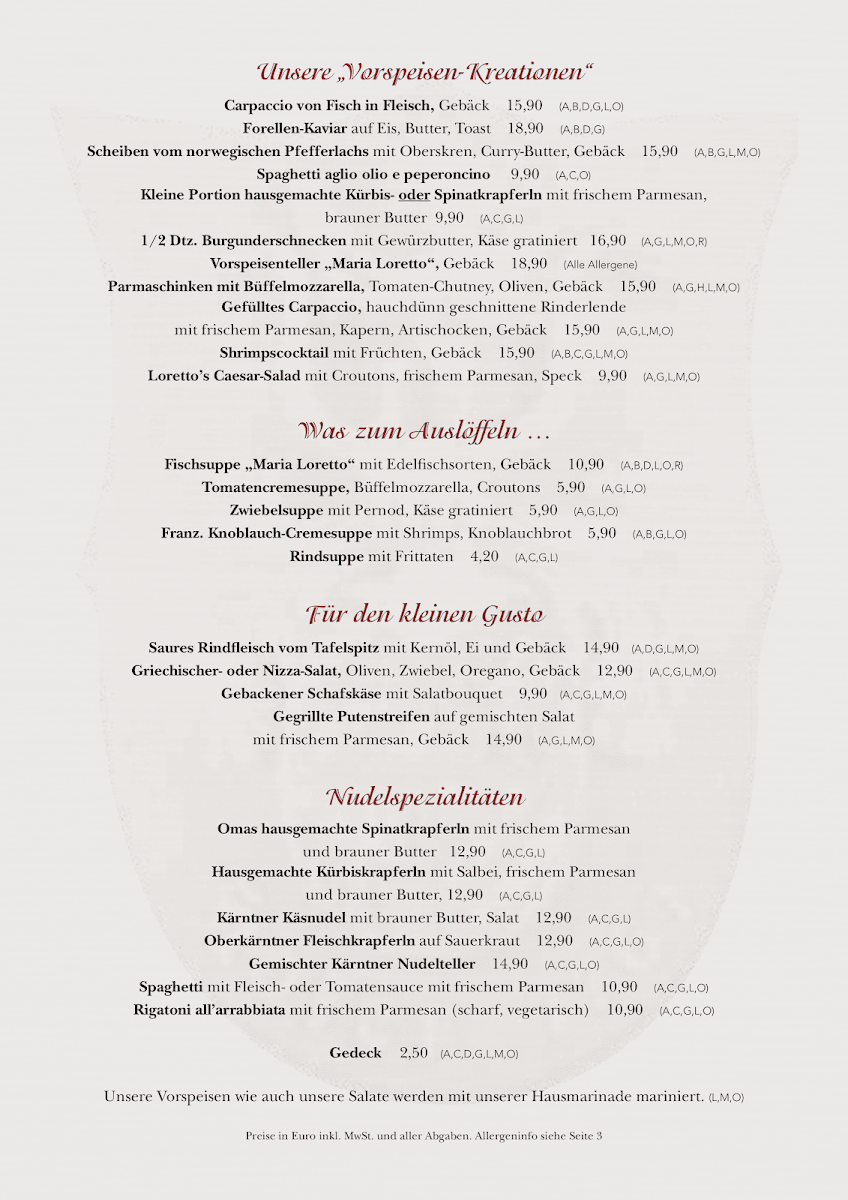 Speisekarte, Restaurant Maria Loretto