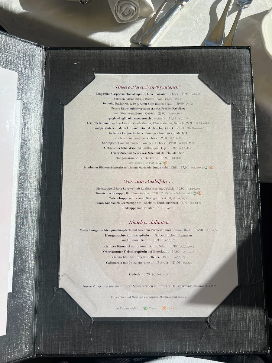 Speisekarte, Restaurant Maria Loretto