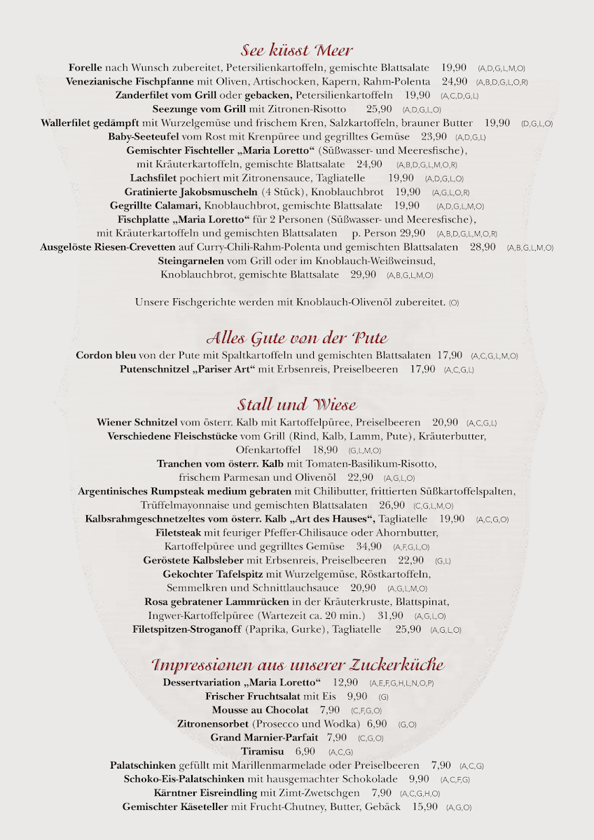 Speisekarte, Restaurant Maria Loretto