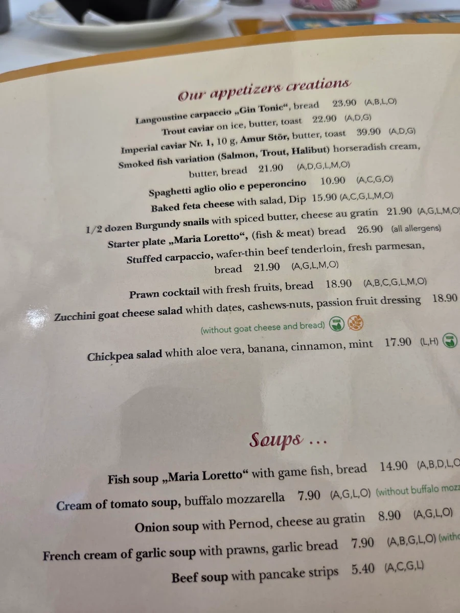Speisekarte, Restaurant Maria Loretto