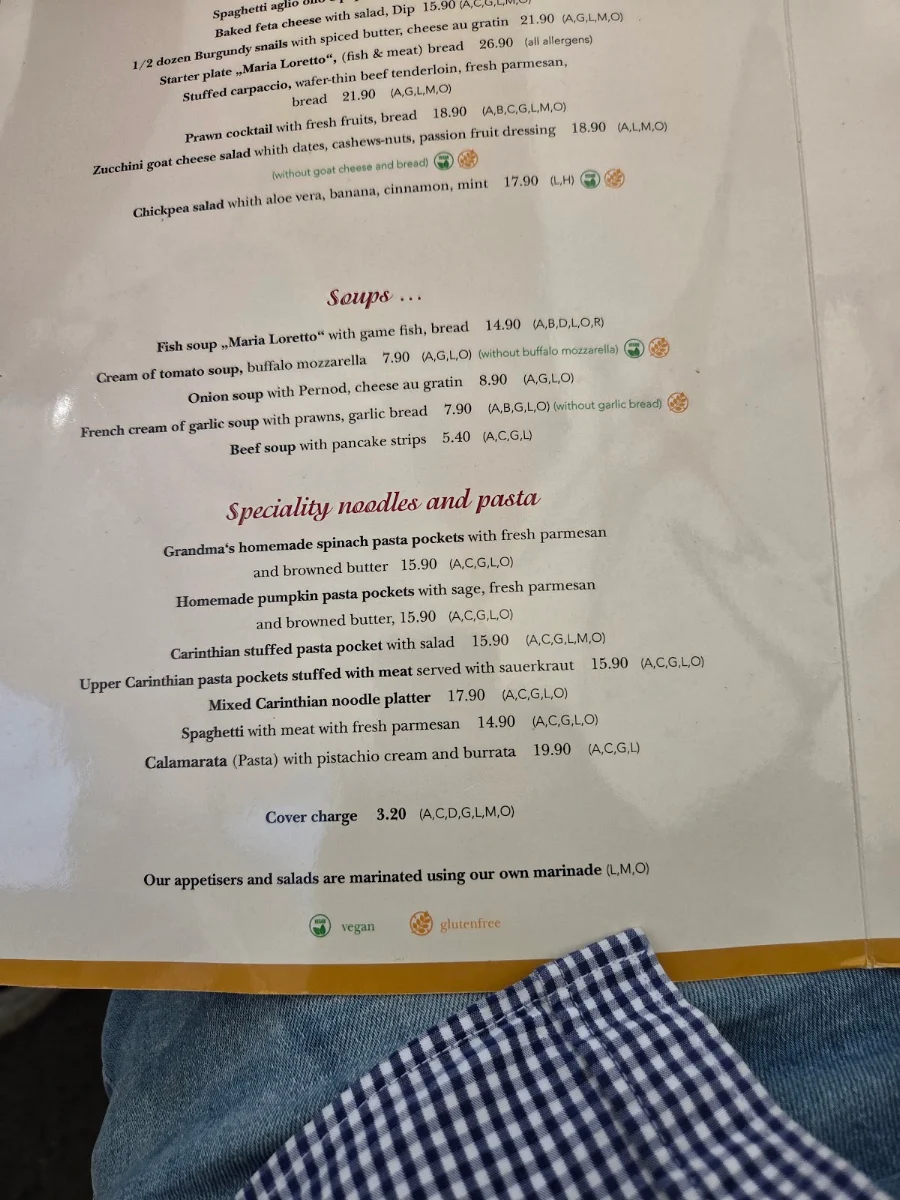 Speisekarte, Restaurant Maria Loretto
