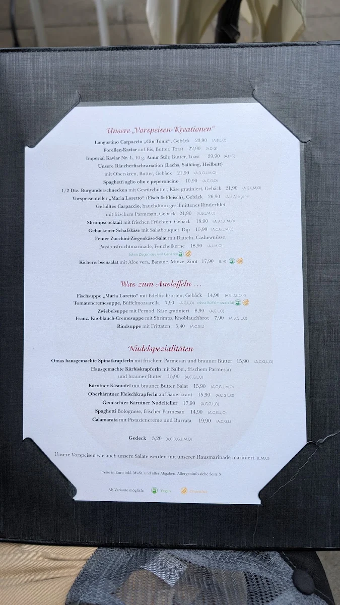 Speisekarte, Restaurant Maria Loretto
