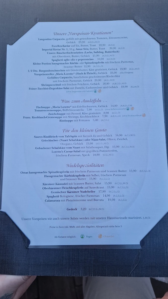 Speisekarte, Restaurant Maria Loretto