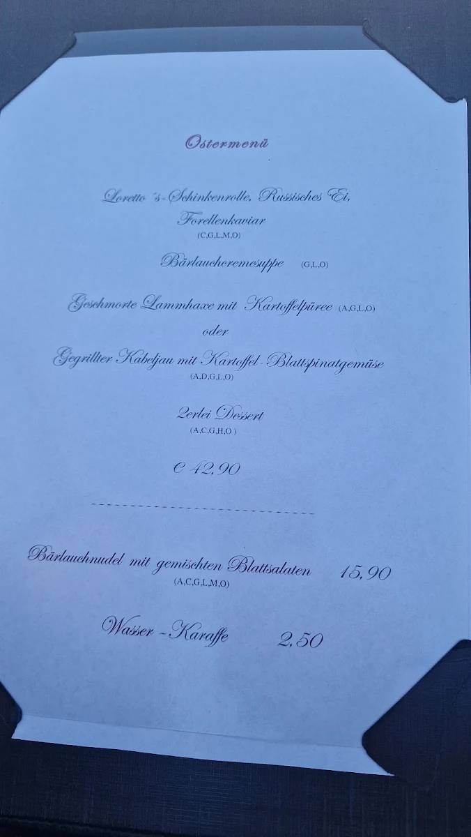 Speisekarte, Restaurant Maria Loretto