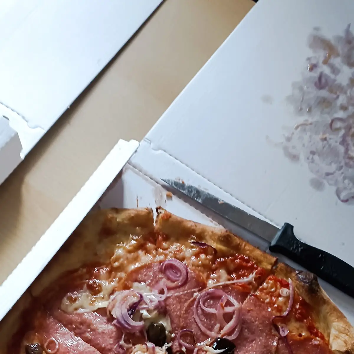 Pizza Salami Mit Zwiebeln & Oliven