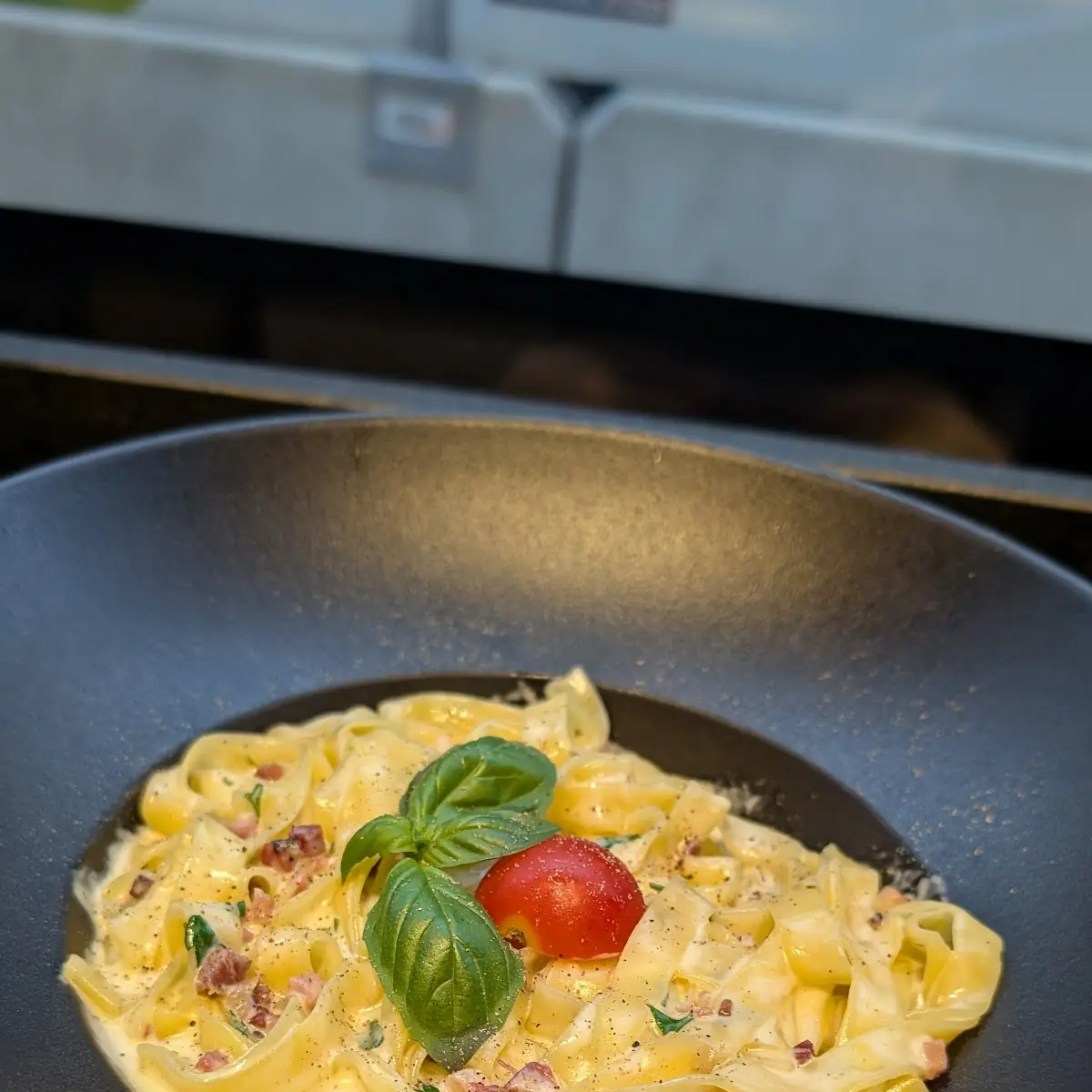 Companelle Carbonara with Extra Cherry Tomatoes and Grated Mozzarella