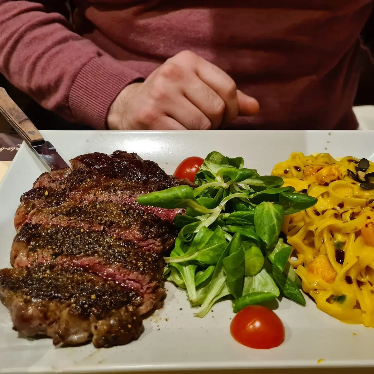 Steak with Side Salad and Pumpkin Pasta