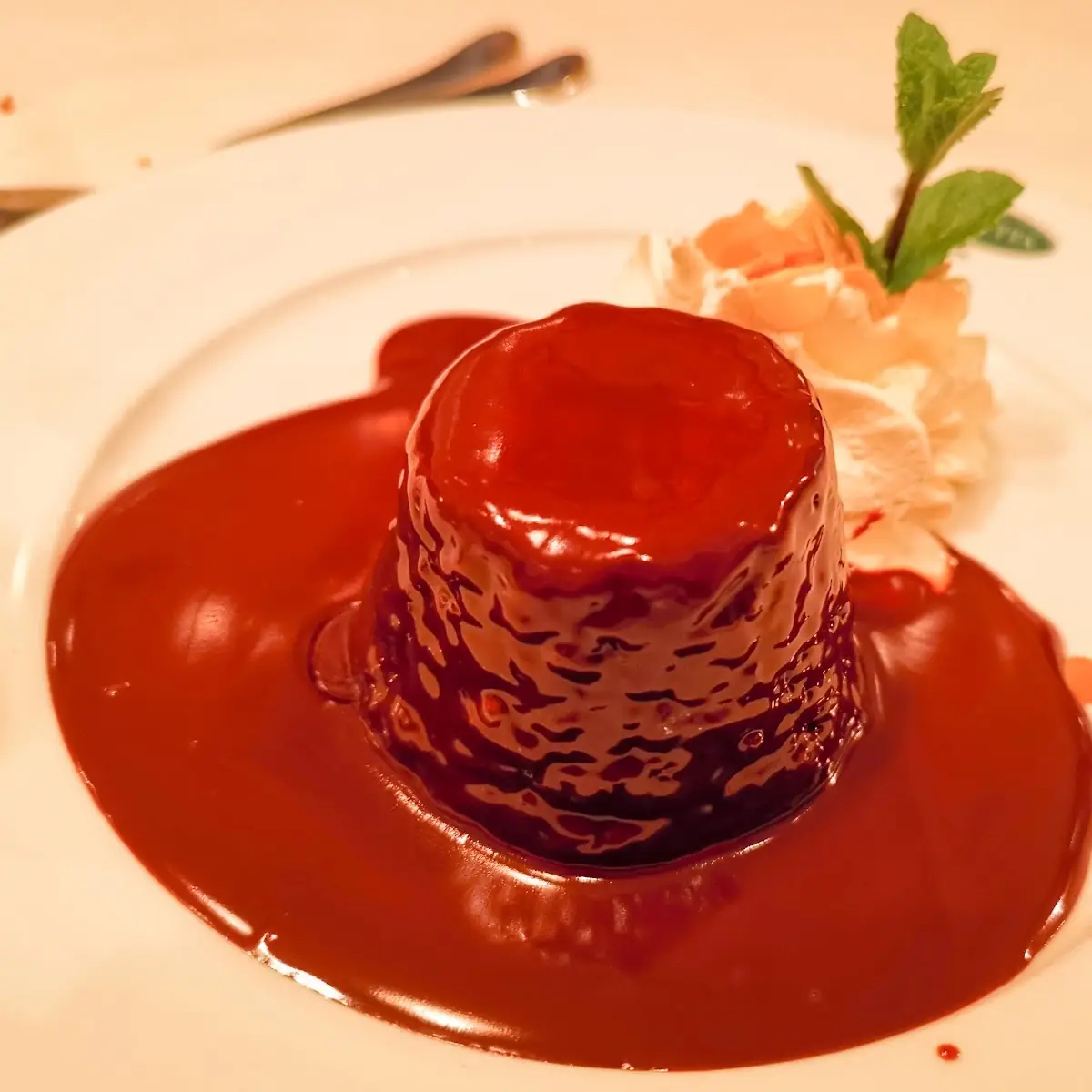 Chocolate Cake with Chocolate Sauce and Whipped Cream