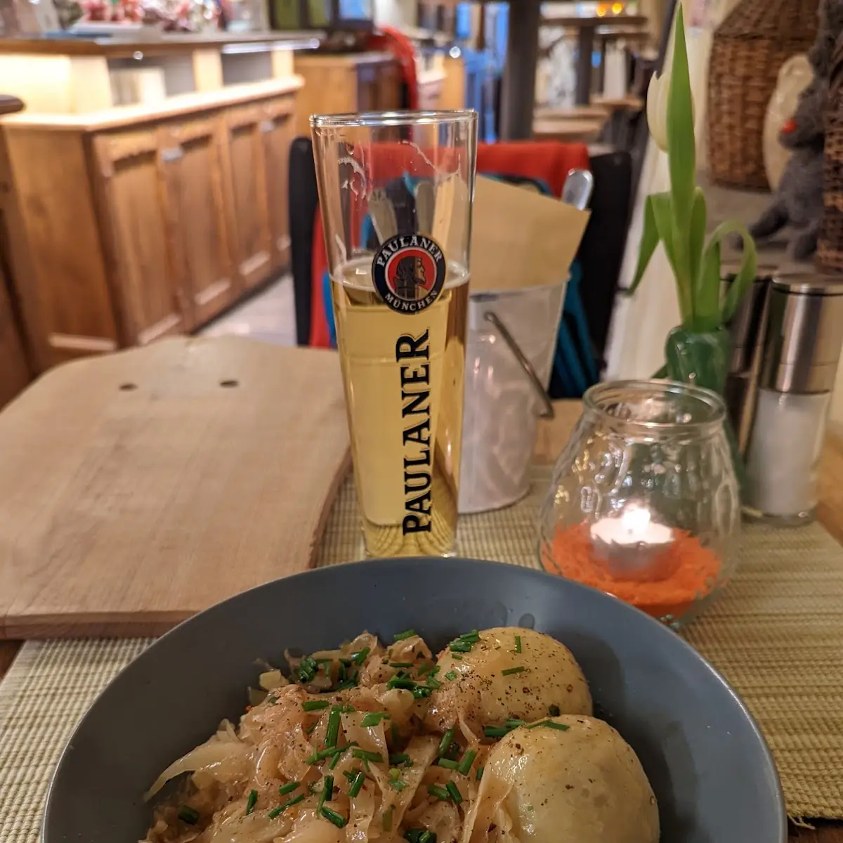 Home-Made Filled Dumplings with Stewed Cabbage