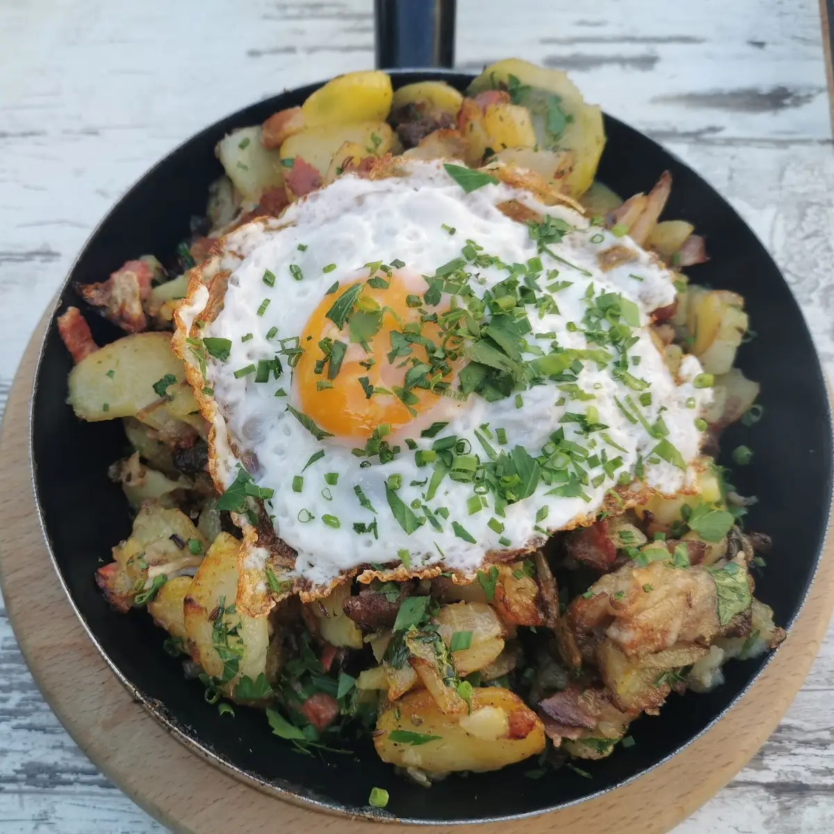 Fried Potatoes with Sausage and Egg and Onions