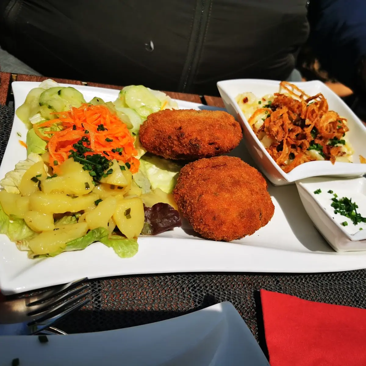 Hausgemachte Gemüselaibchen Mit Kräuter-rahmsauce Und Salatgarnitur
