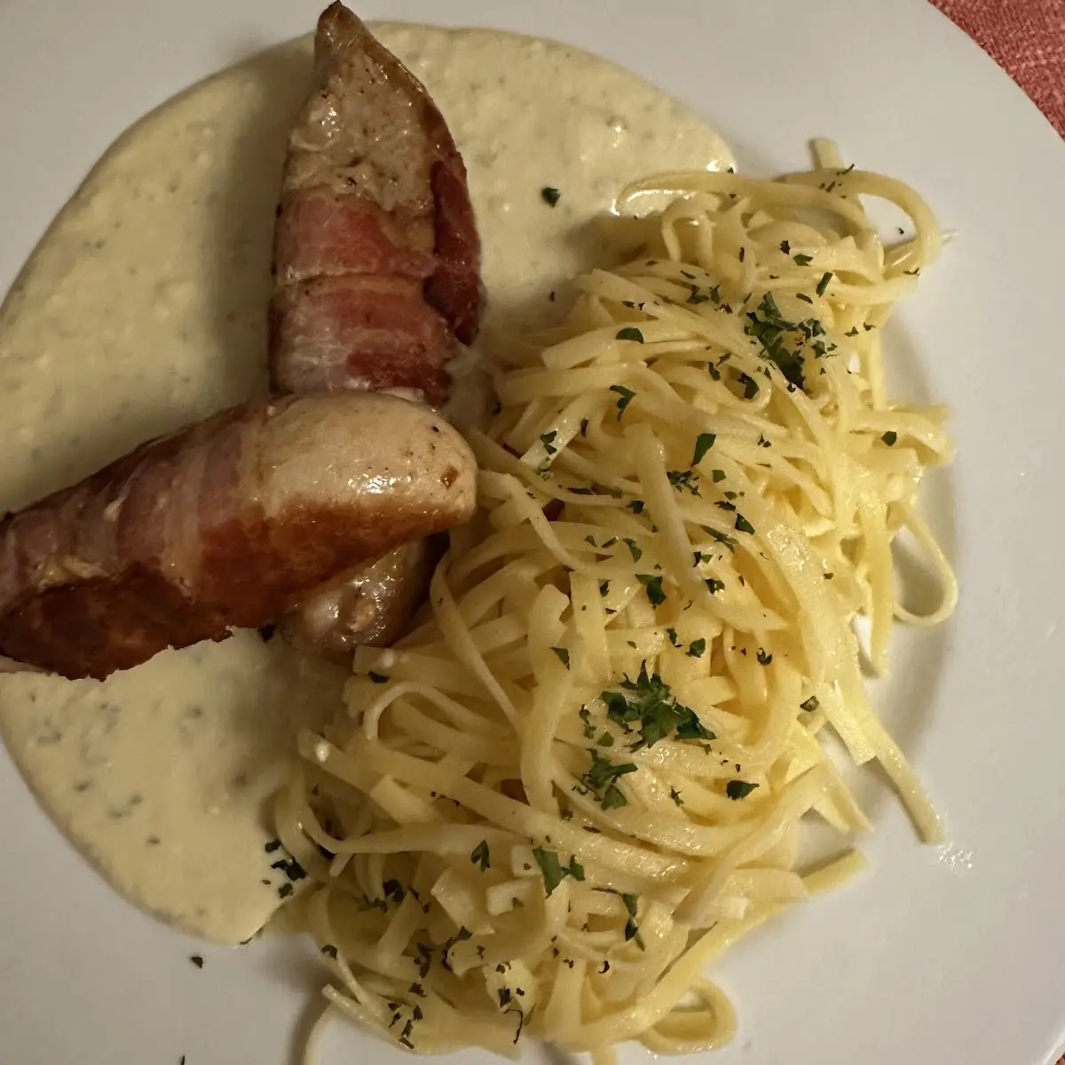 Chicken Breast Wrapped in Bacon with Noodles