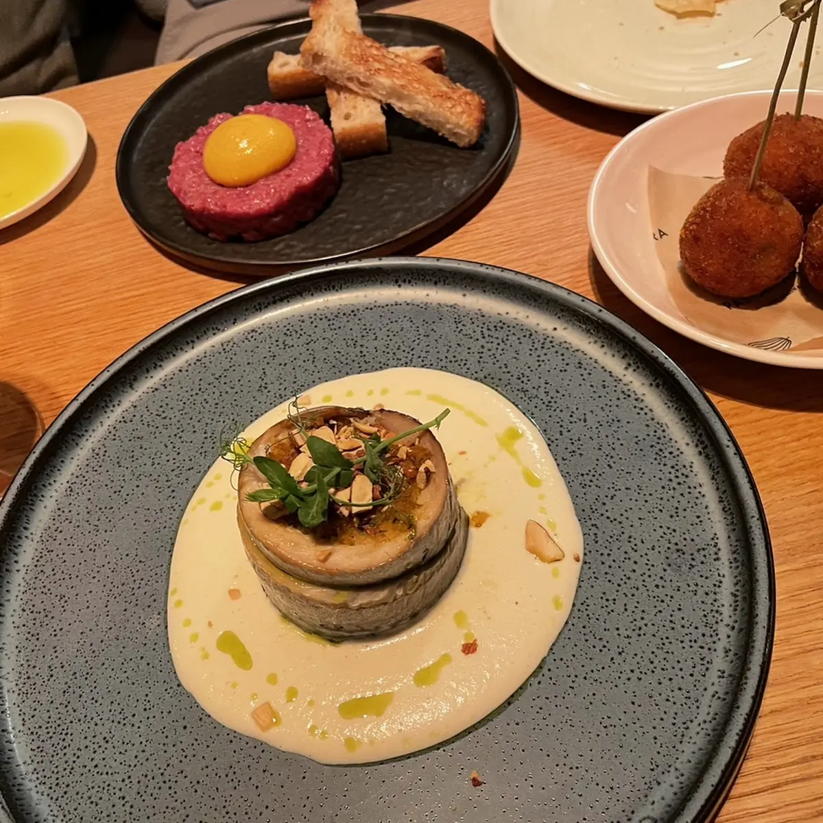 Arancini Beef Tartar & Eggplant Tower
