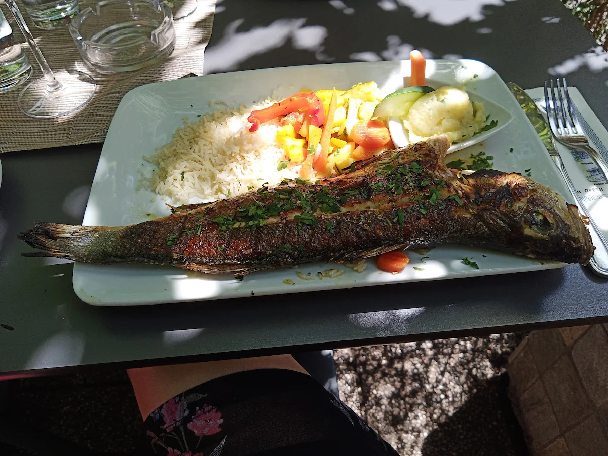 Gegrillter Wolfsbarsch Mit Röstgemüse Und Reis