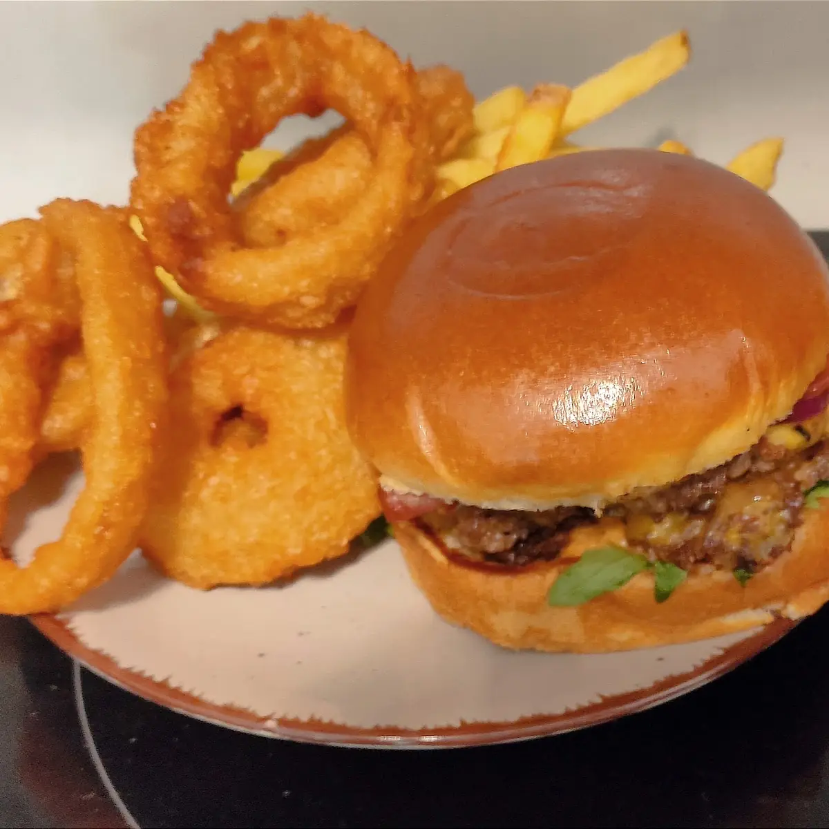 Bacon Bomb Smashed Burger Onion Rings & Crispy