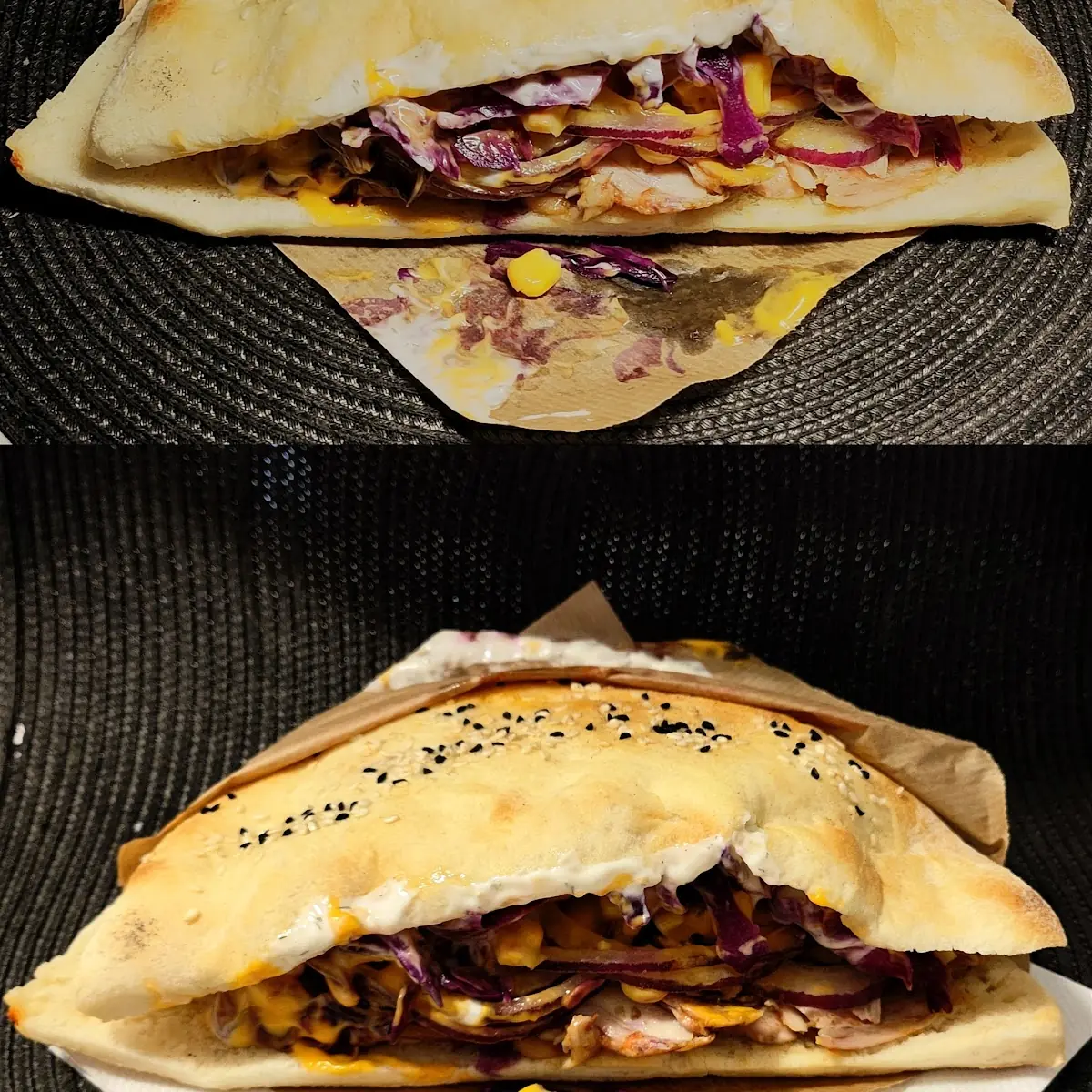 Döner Kebab Sandwich Huhn Rotkraut Mais Zwiebel Feta Käse- Und Joghurt-sauce