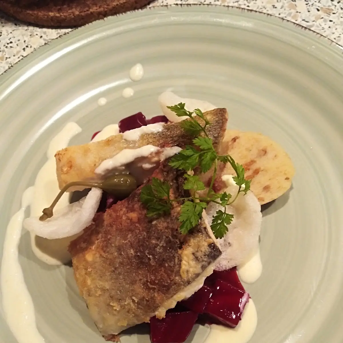 Schnittchen Von Zander Und Bachforelle Auf Rote Rübenragout Krenschaum Und Gries-grammelknödel
