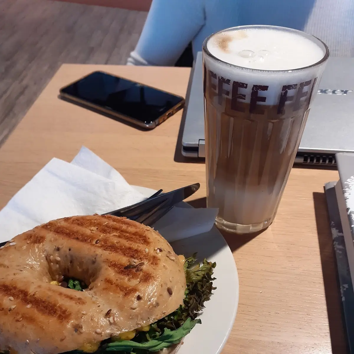 Salmon Bagel And Caramel Macchiato