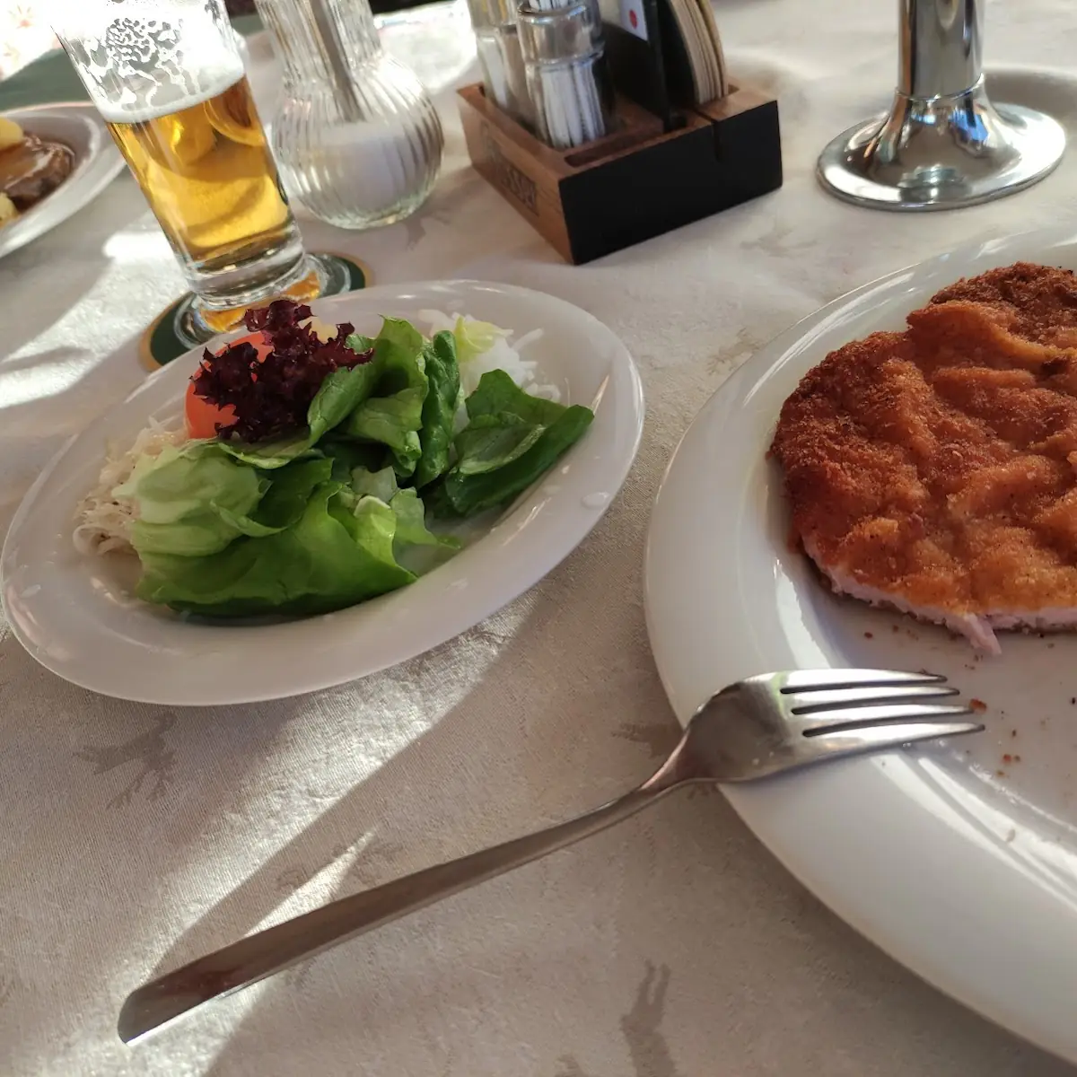 Paniertes Dir Schnitzel Mit Kartoffeln Und Gemischten Salat