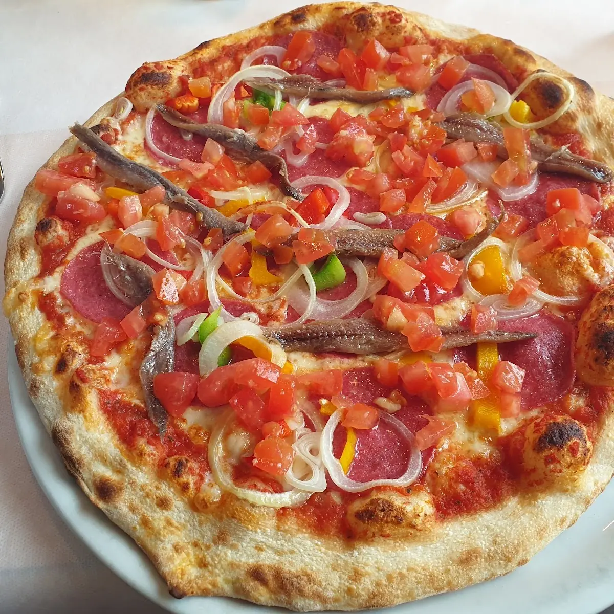 Pizza Mit Tomatenstücke Knoblauch Sardellen Und Salami