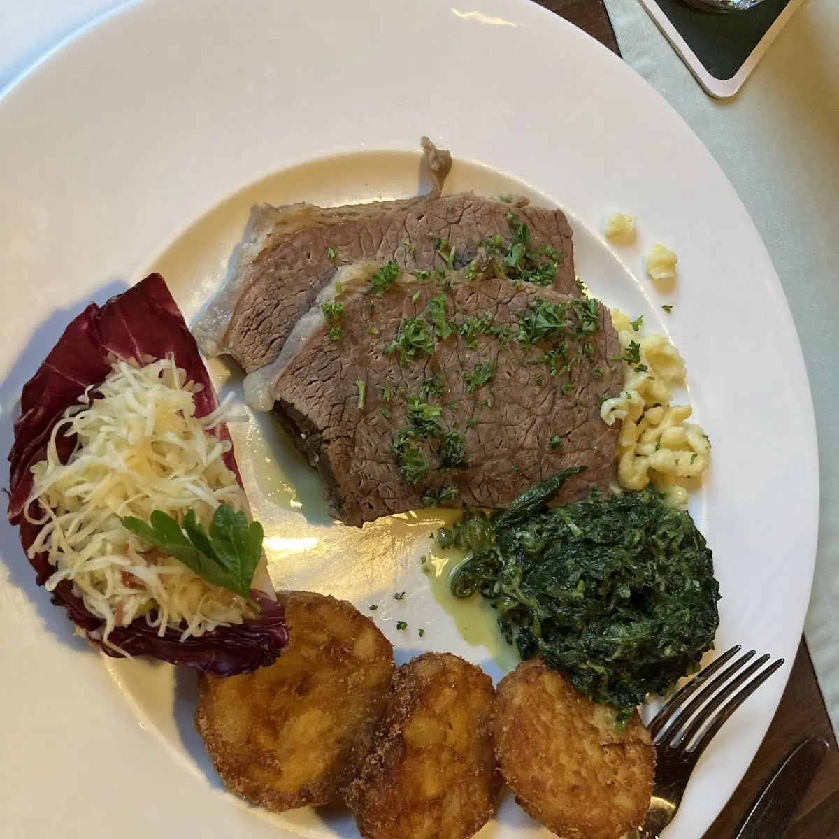 Boiled Fillet of Beef on Horseradish with Creamed Spinach and Hash Browns