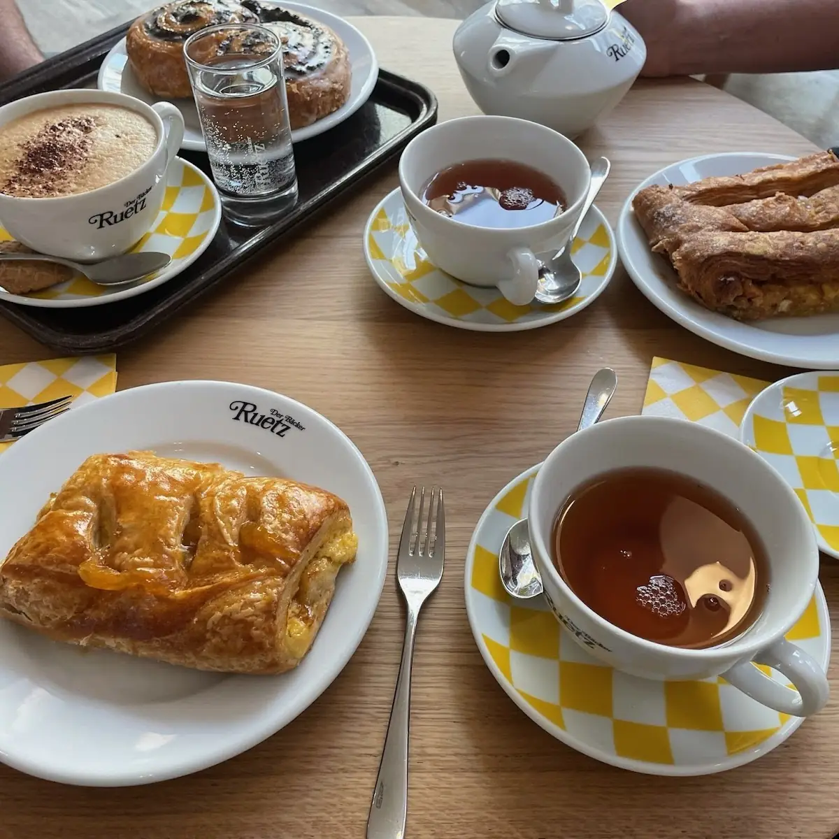 Apfeltasche and Other Pastries Tea and Cappuccino