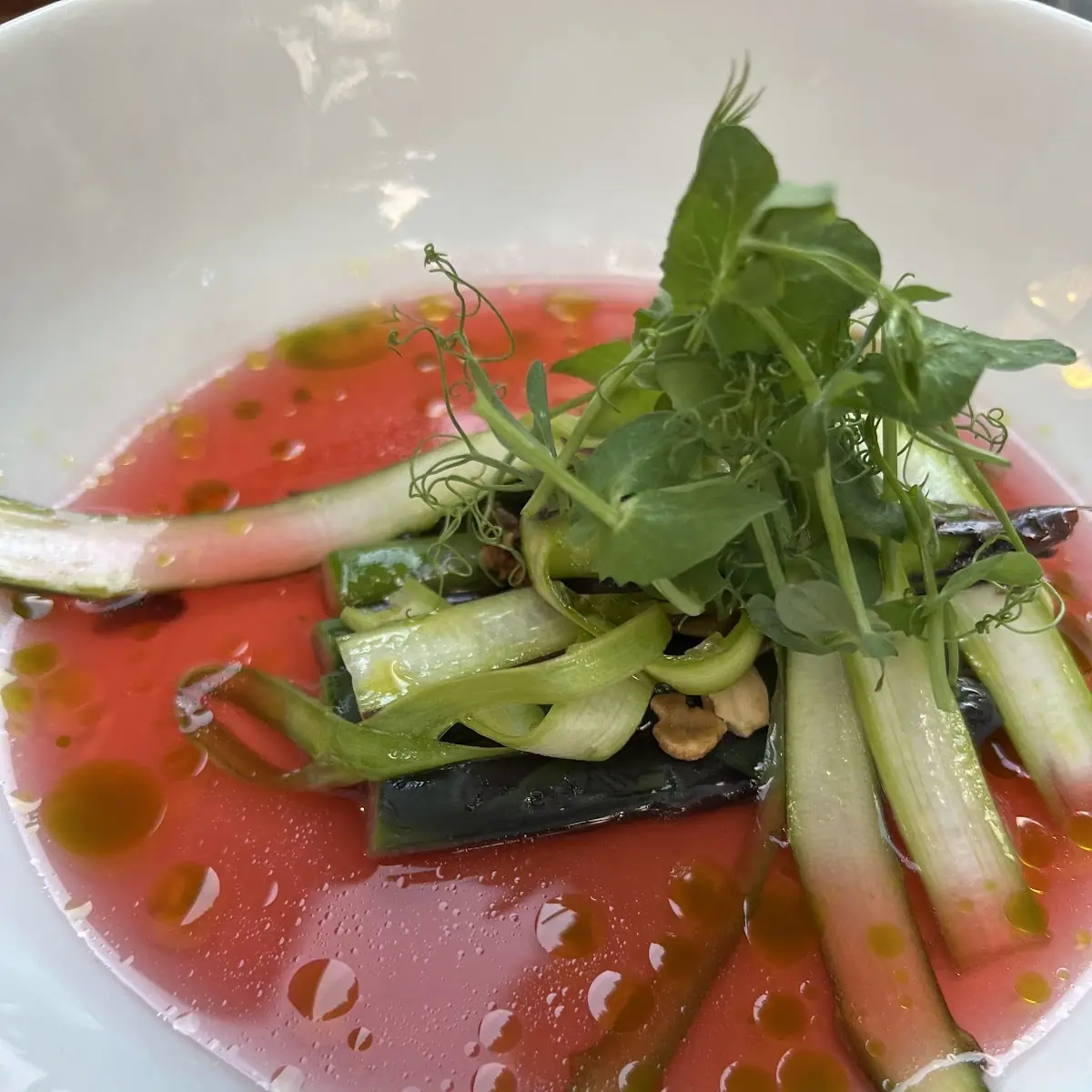 Cucumber & Melon Gazpacho with Juniper-Infused Honeydew Melon Pickled Cucumber and Lemon Verbena