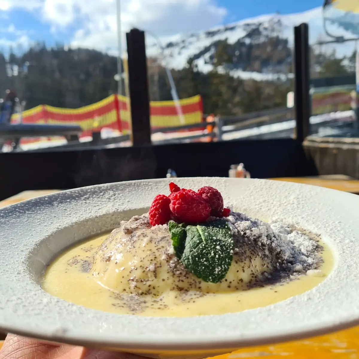 Germknödl With Raspbery Jam And Vanilla Sauce