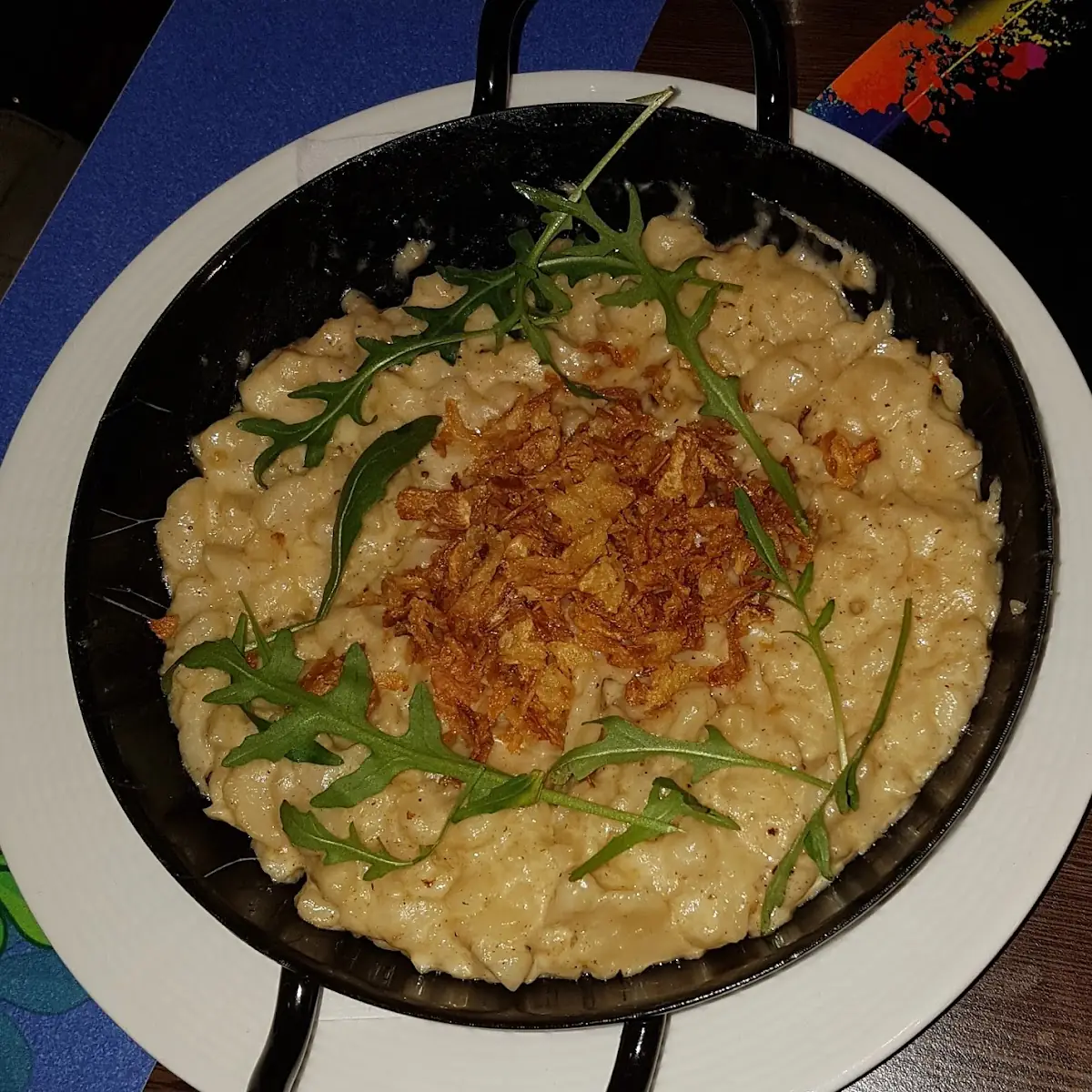 Cheese Spaetzle with Fried Onions and a Small Green Salad